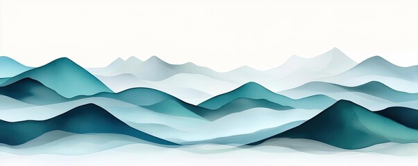 Wall Mural - Misty watercolor concept. Abstract mountain landscape with layered shades of blue and green tones.