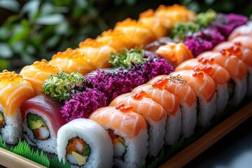 Poster - A colorful platter filled with different types of sushi, ideal for food photography or marketing use