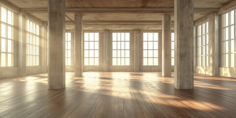 Poster - Spacious, Sunlit Interior with Concrete Pillars and Wooden Floor, Large Windows Creating Warm Atmosphere