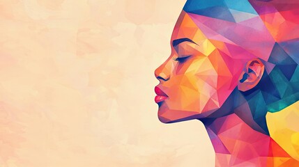 Sticker - Polygon watercolor concept. Vibrant abstract portrait of a woman showcasing colorful geometric shapes and patterns.