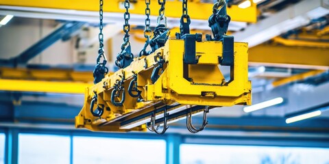Poster - A large yellow crane suspended from the ceiling of a building, used for construction or maintenance purposes