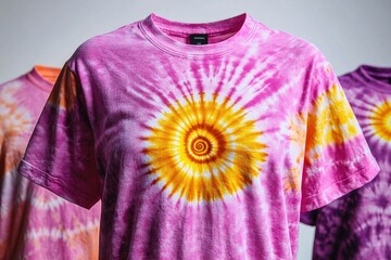Aufkleber - A collection of colorful tie dye shirts displayed on a rack, great for fashion, textile or lifestyle uses