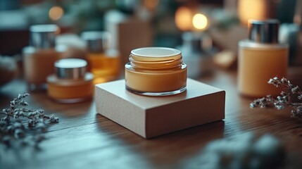 Poster - A jar of cream sitting on a wooden table, perfect for use in still life photography or as a prop in food or product images