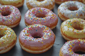 Poster - Close-up of a tray filled with colorful doughnuts and sprinkles, ideal for food photography and advertising