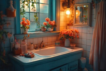 Aufkleber - A simple bathroom sink sits under a large window, offering a view of the outdoors