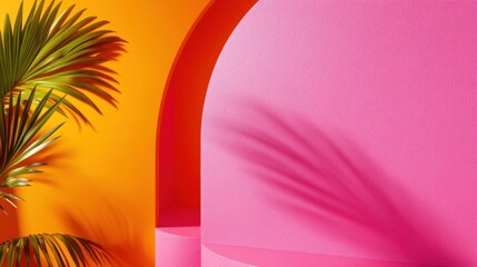 Poster - Warm-toned geometric shapes blend harmoniously with a lush plant, casting playful shadows on the colorful walls