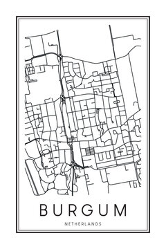 Printable downtown road map poster of the Dutch city of BURGUM on solid white background with city name