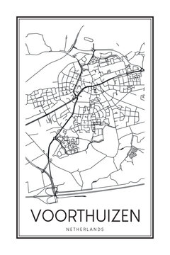 Printable downtown road map poster of the Dutch city of VOORTHUIZEN on solid white background with city name