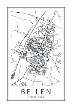 Printable downtown road map poster of the Dutch city of BEILEN on solid white background with city name