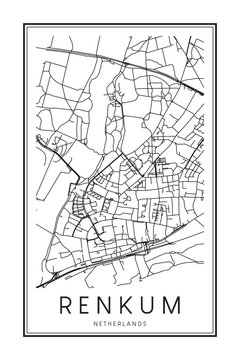 Printable downtown road map poster of the Dutch city of RENKUM on solid white background with city name