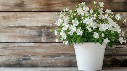Poster - White flowers in a white pot against a rustic wooden background. (2)