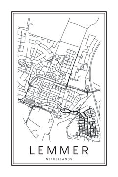 Printable downtown road map poster of the Dutch city of LEMMER on solid white background with city name