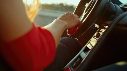 Poster - A woman is driving a car with her hand on the steering wheel