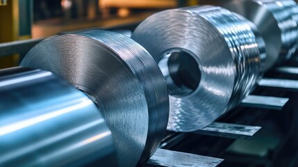 Poster - Industrial factory scene with rolled steel coils being transported on a conveyor belt