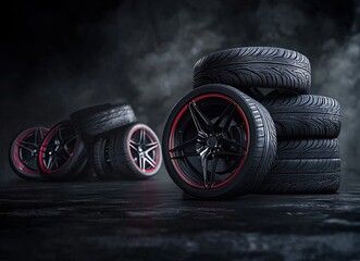 Wall Mural - The background of the car tire product poster features several tires stacked together on dark gray and smoky black backgrounds