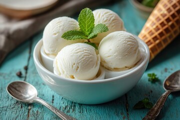 Poster - A colorful treat combination of ice cream in a white bowl next to a crispy waffle cone