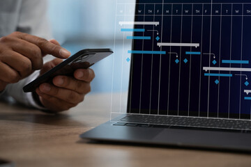 Poster - project management businessman using a cell phone and laptop to view a project plan