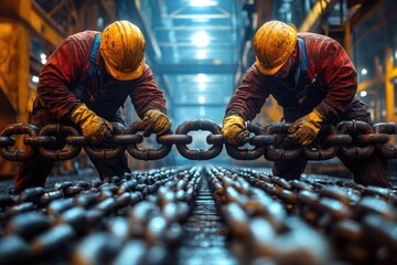Poster - Two workers constructing or repairing a heavy chain in a industrial setting