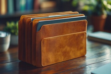 Poster - A close-up shot of a brown leather wallet sitting on a wooden table