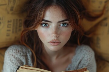 Poster - A beautiful young woman holds a book in her hands, reading and lost in thought