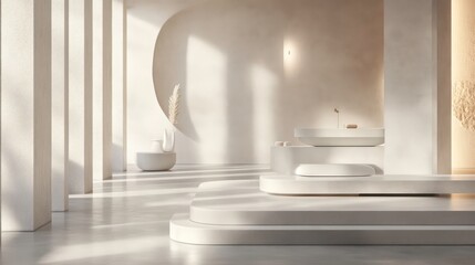 Poster - Minimalist white interior design with sunlight streaming through columns and arched walls, featuring organic shapes and modern furniture.
