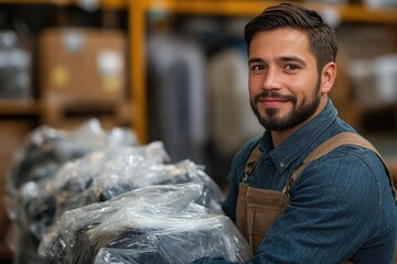 Poster - A person carrying multiple bags in a large storage space