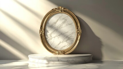 Poster - Oval golden frame on marble podium with sunlit wall background.