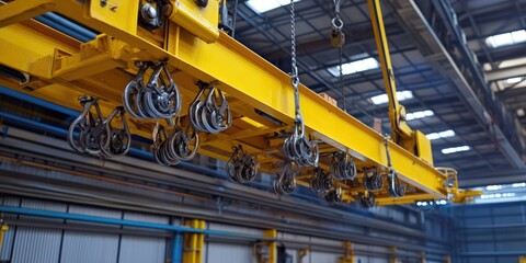 Poster - A yellow crane hangs from the ceiling of a building, providing a unique and interesting architectural feature