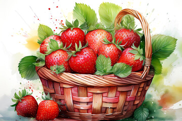 Wall Mural - Watercolor red strawberry in the basket