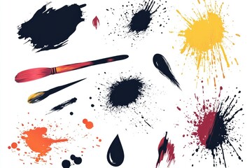Poster - A collection of paint brushes and paint splatters on a white background