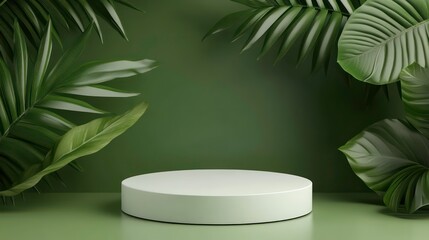 Poster - White cylindrical podium surrounded by lush green tropical foliage against a dark green background.