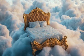 Poster - A bed floating in a cloudy sky