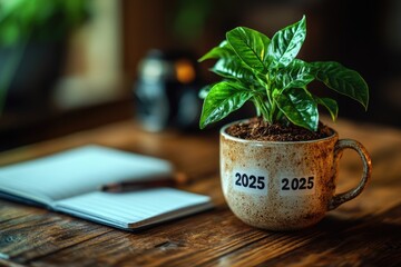Aufkleber - A coffee cup with a small potted plant on a table, perfect for a home office or coffee break