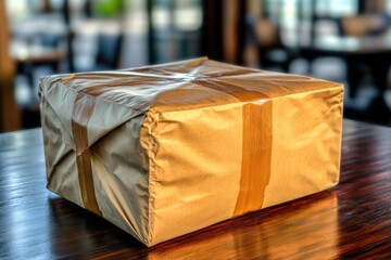 Poster - A wrapped gift placed on a wooden table, ideal for home decor or special occasions