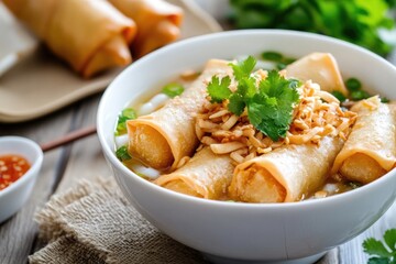 Poster - A bowl of food sits on a table