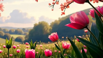 Poster - A beautiful field of pink flowers with a pink tulip in the foreground. The flowers are scattered throughout the field, with some closer to the foreground and others further back