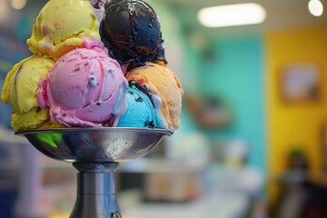 Poster - A metal bowl filled with three scoops of creamy ice cream