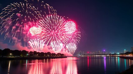 Aufkleber - A fireworks display is lit up in the night sky over a city. The fireworks are in the air and are lit up in a variety of colors