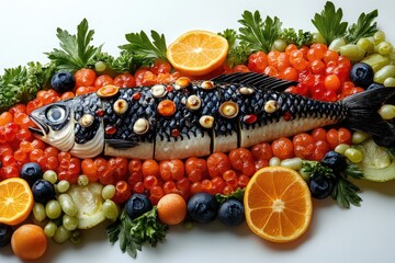 Poster - A creative sculpture made from various fruits and vegetables forming the shape of a fish