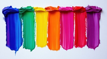 Poster - Colorful watercolor strokes in a rainbow formation are arranged neatly on a white canvas, showcasing artistic creativity and joy