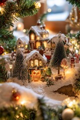 Poster - A small Christmas village with many colorful lights at night