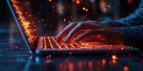 Poster - a person typing away on their laptop with the keys illuminated by a soft glow
