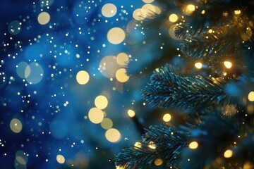 Poster - Close up view of a Christmas tree with lit lights in the background