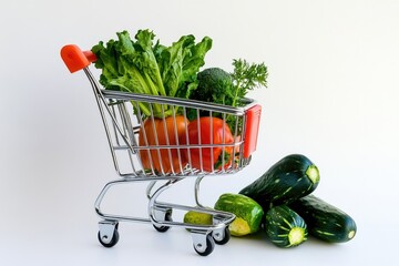 Poster - Shopping cart filled with fresh vegetables and cucumbers, ideal for food market or grocery store illustrations