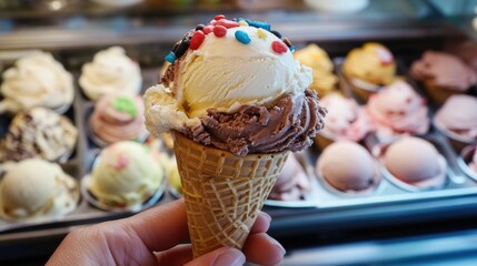 Poster - A person holding a cone of ice cream, perfect for summer or outdoor photoshoots
