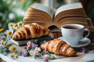 Poster - A simple breakfast setup with two croissants and a cup of coffee