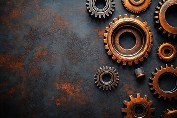 Wall Mural - Rusty gears on dark background: intricate mechanism of vintage machinery