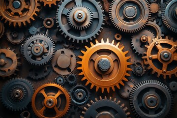 Wall Mural - intricate clockwork mechanism with interlocking gears of bronze and copper in a steampunk style.