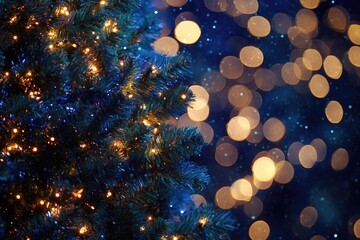 Aufkleber - A close-up view of a Christmas tree with colorful lights, perfect for holiday decoration or commercial use