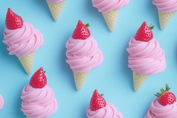 Poster - A group of colorful ice cream cones topped with fresh strawberries
